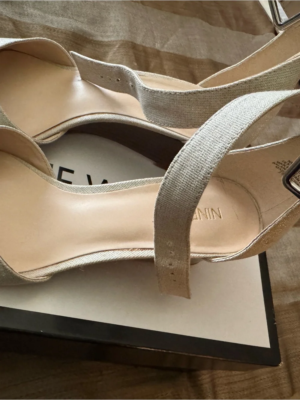 Nine West Beige Linen Ankle-Strap Heels